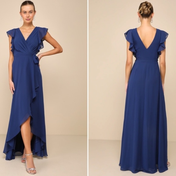 LULU's Prom Wedding Bridesmaid Elegant Romantic Ruffles Wrap Maxi Dress NWOT - Picture 3 of 5
